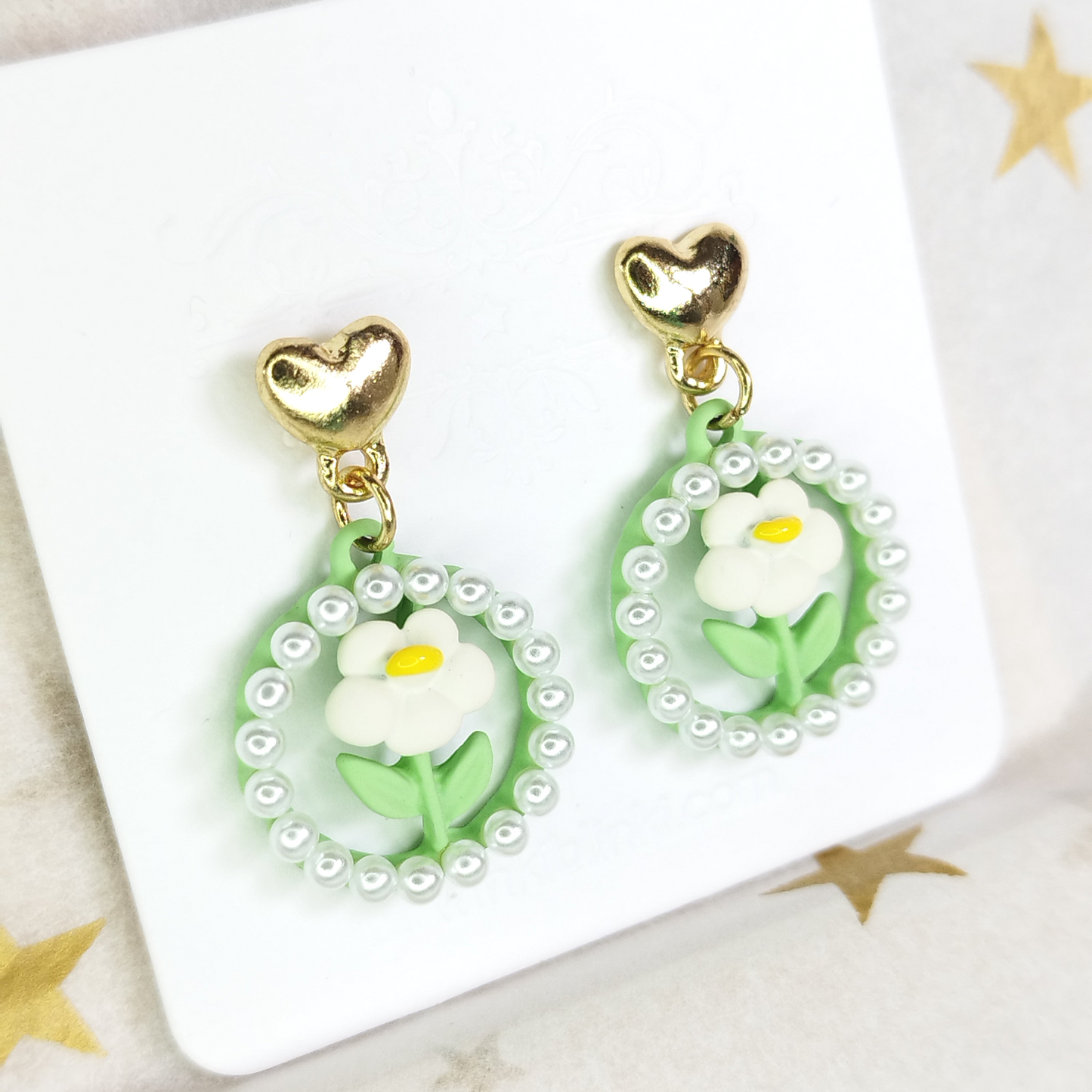 Pearl Ring Flower Earrings * Gold-plated Heart Studs * White Flower Drop Earrings