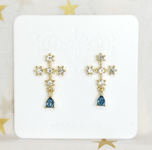 Zirconia Cross Earrings * White & Sky Blue Zircon * Cathedral Cross Drop Earrings