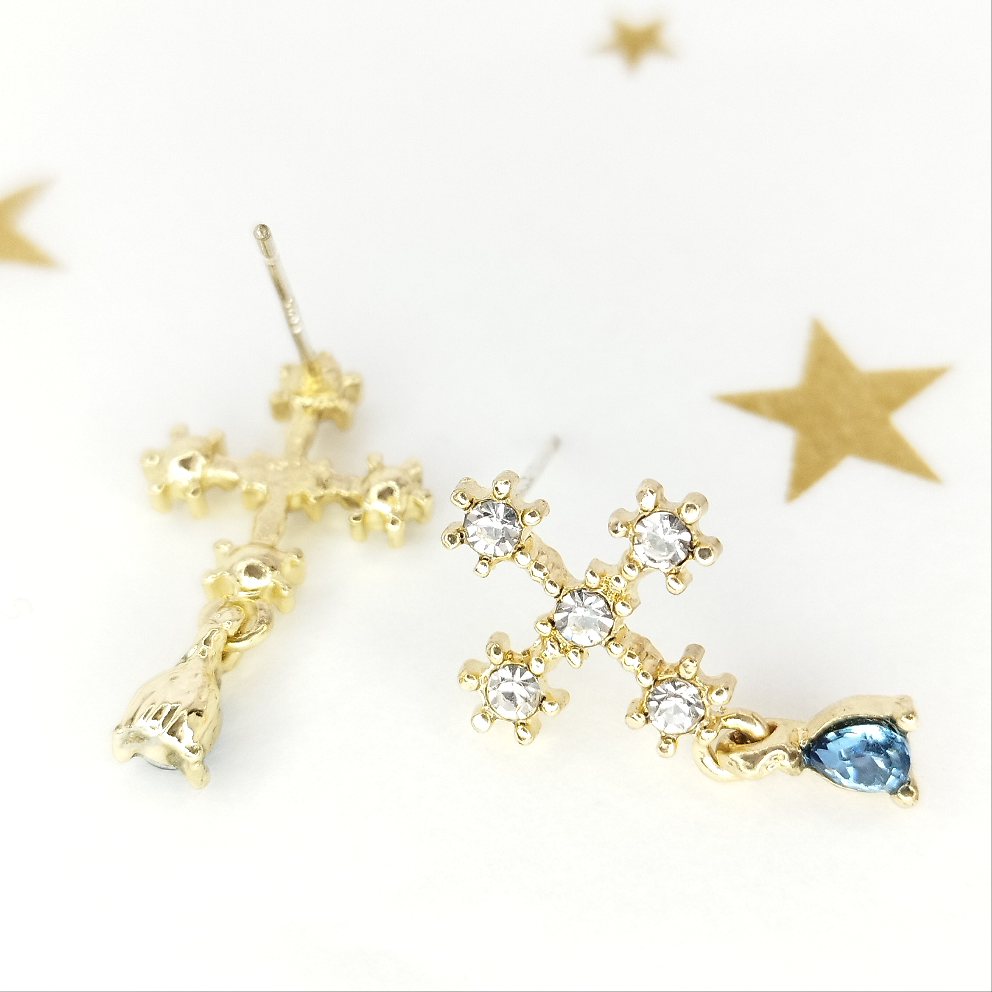 Zirconia Cross Earrings * White & Sky Blue Zircon * Cathedral Cross Drop Earrings