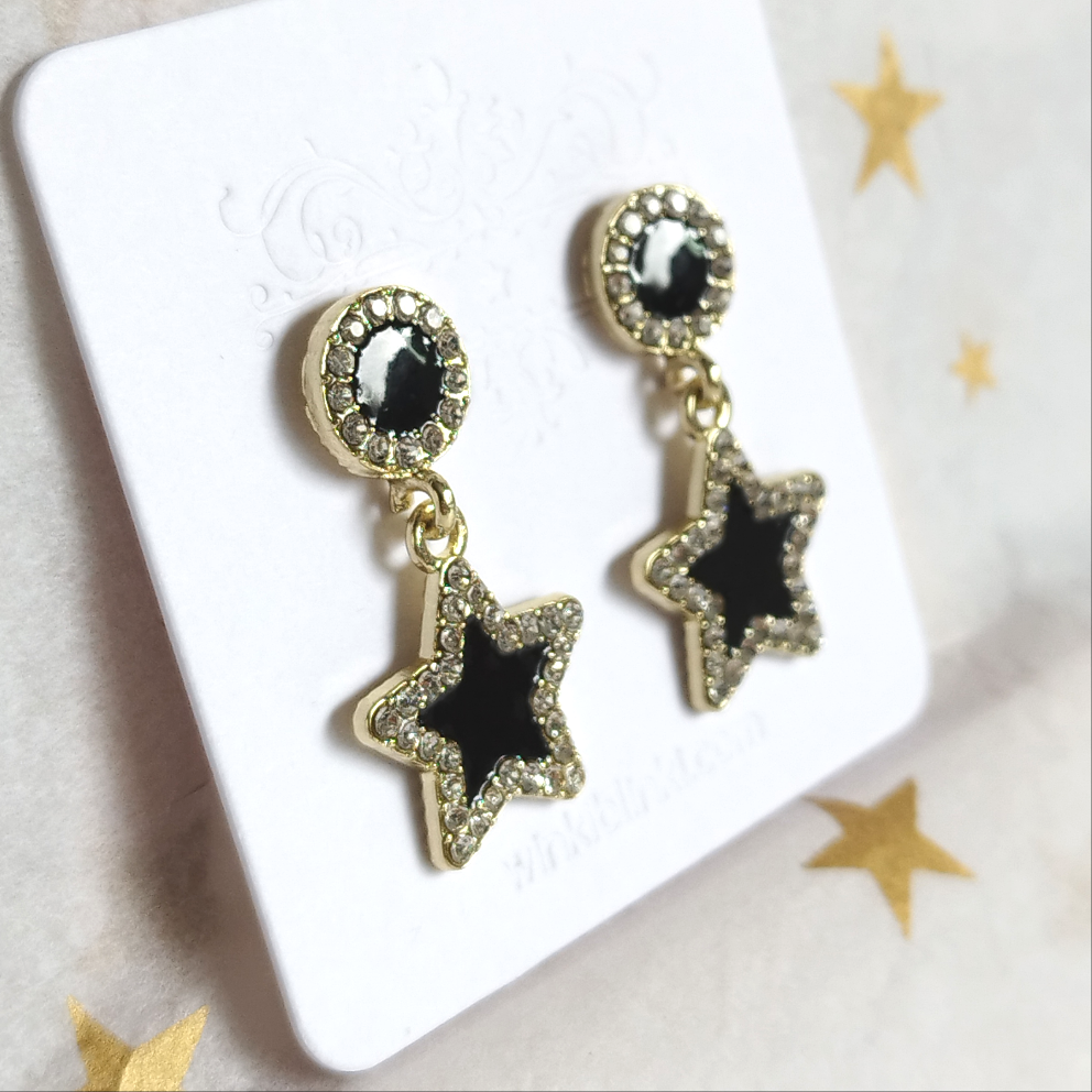 Zirconia Black Star Earrings * Silver 925 Post *  Blinki Dangle Star Earrings