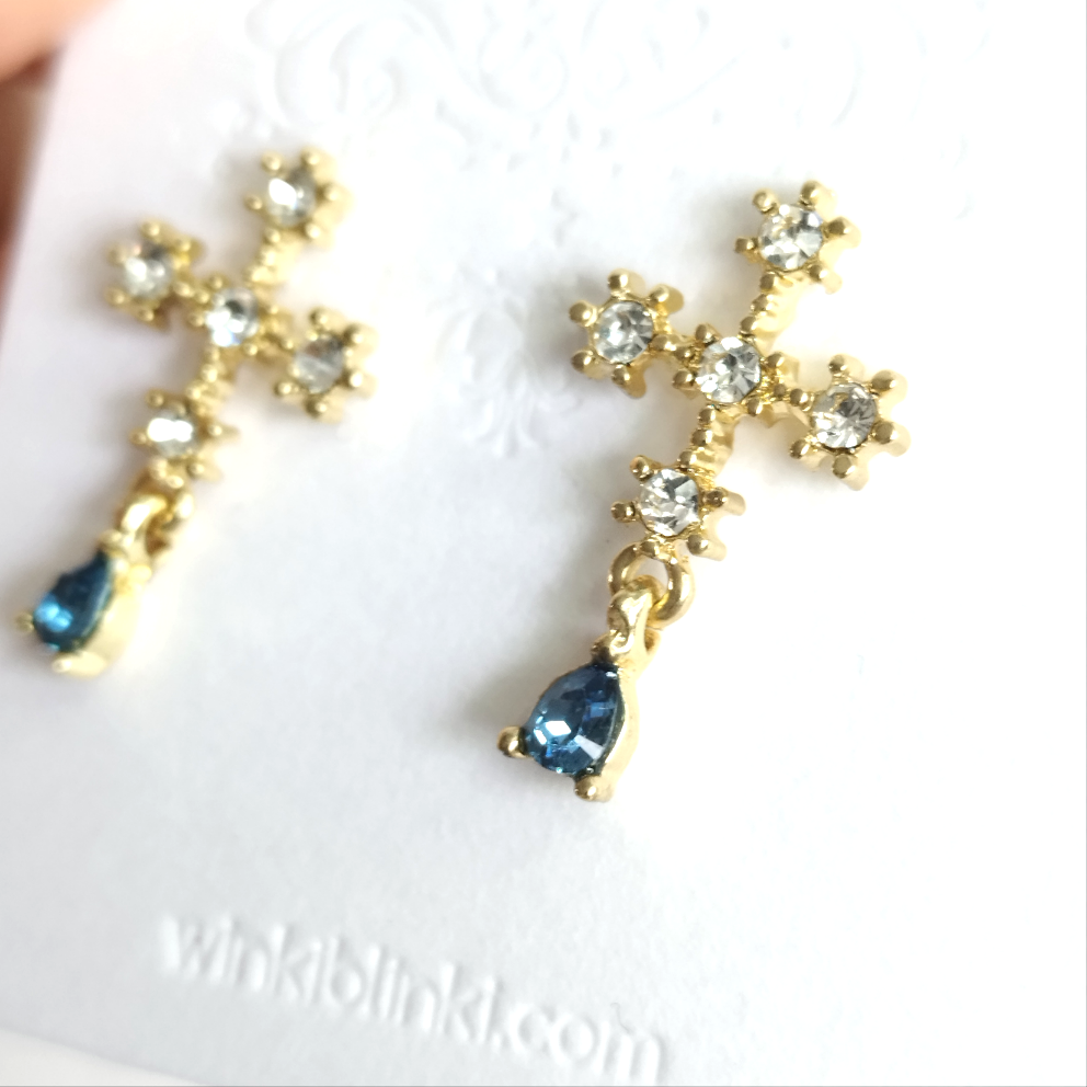 Zirconia Cross Earrings * White & Sky Blue Zircon * Cathedral Cross Drop Earrings