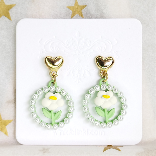 Pearl Ring Flower Earrings * Gold-plated Heart Studs * White Flower Drop Earrings