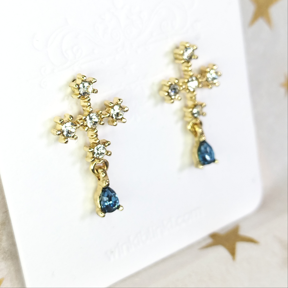 Zirconia Cross Earrings * White & Sky Blue Zircon * Cathedral Cross Drop Earrings