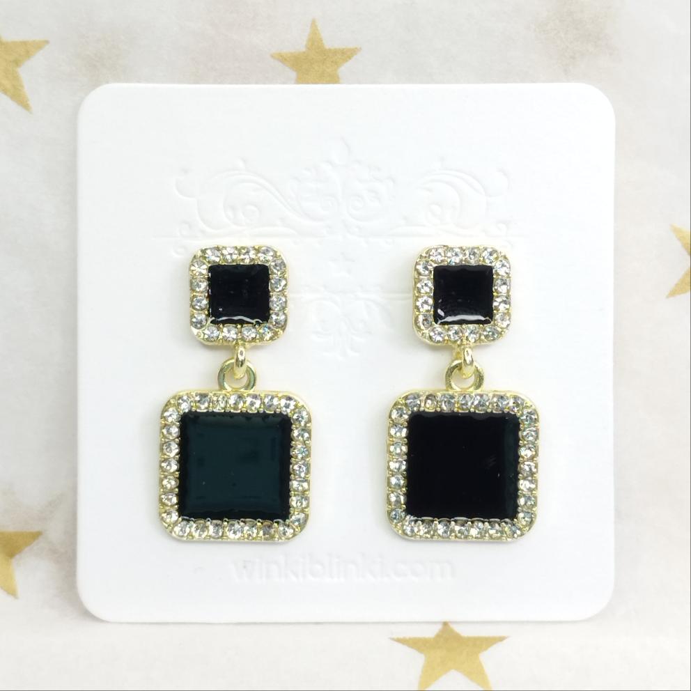 Zirconia Black Square Earrings * Silver 925 Post *  Blinki Dangle Square Earrings