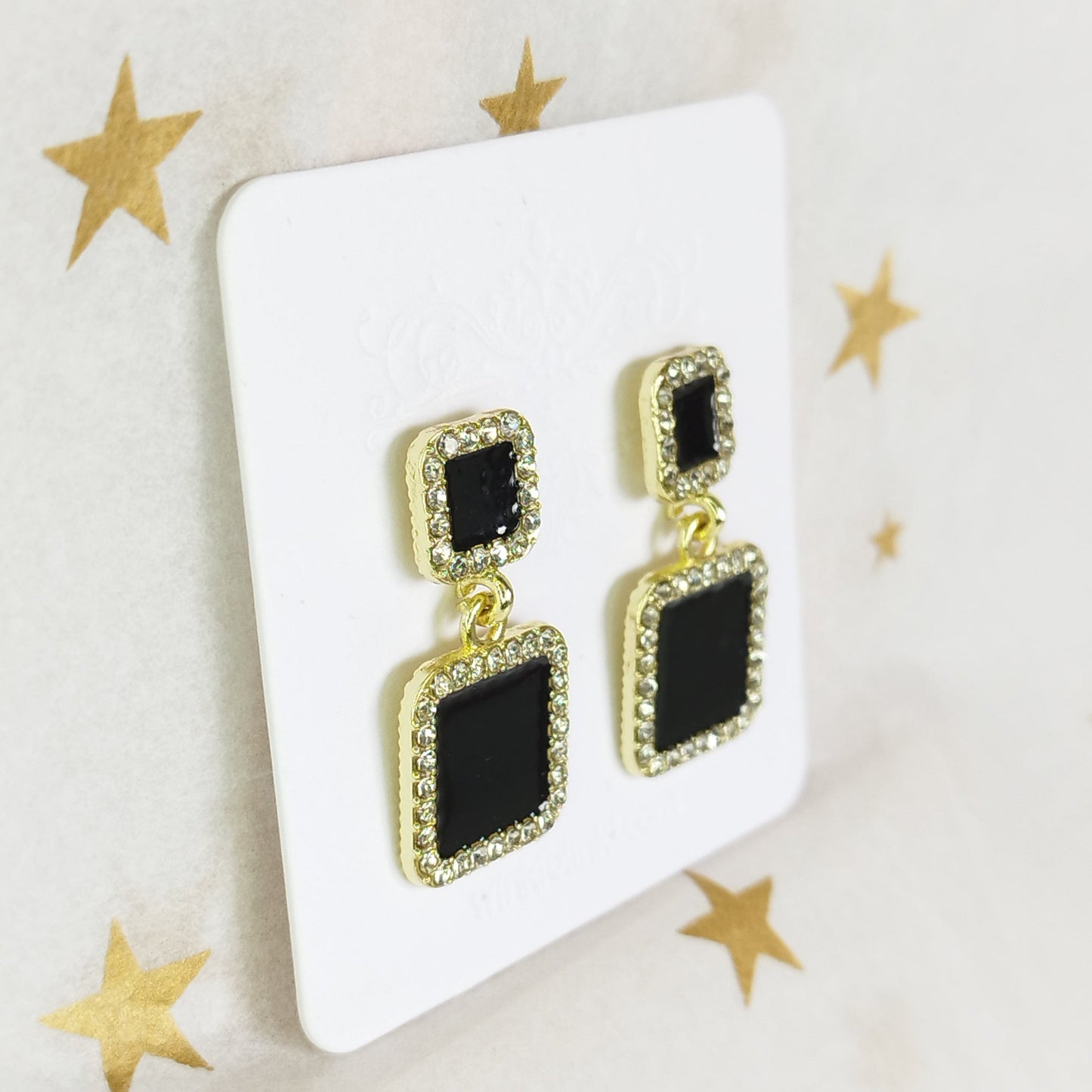 Zirconia Black Square Earrings * Silver 925 Post *  Blinki Dangle Square Earrings