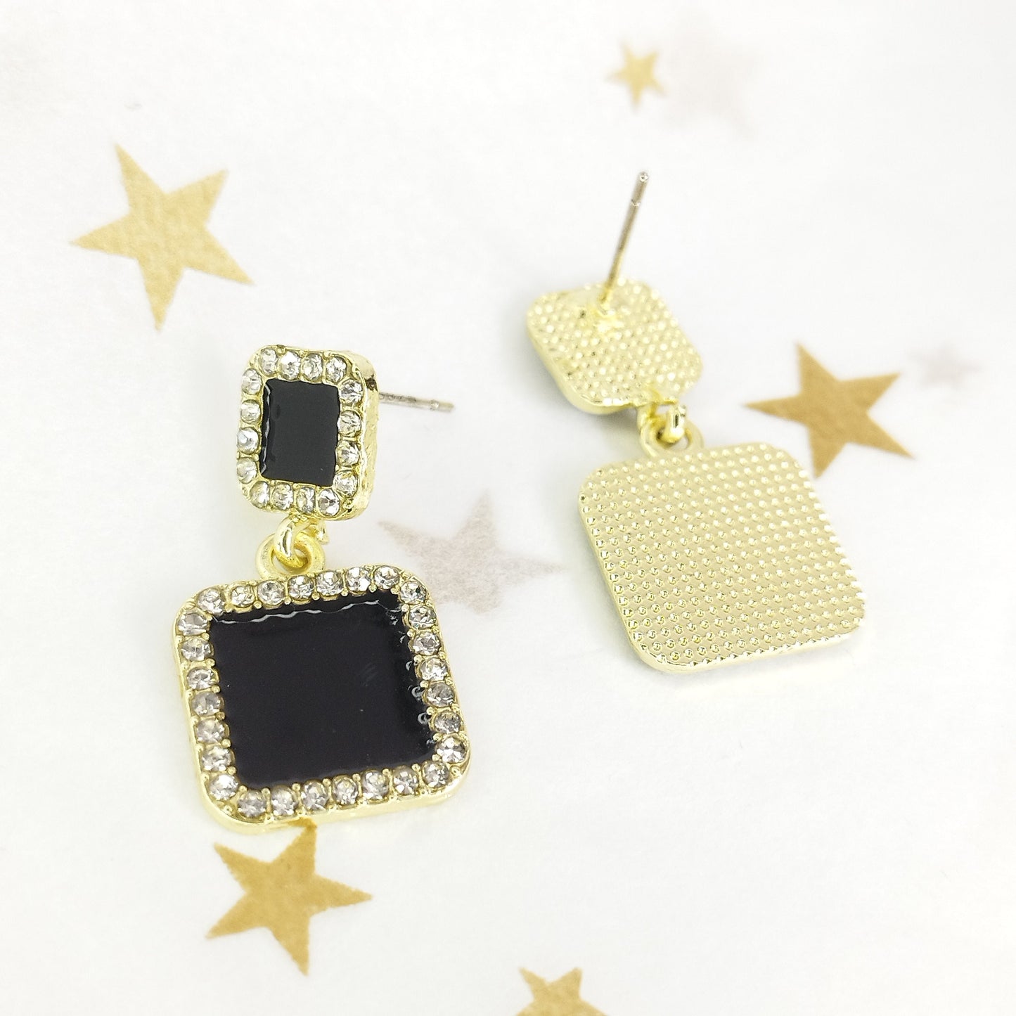 Zirconia Black Square Earrings * Silver 925 Post *  Blinki Dangle Square Earrings