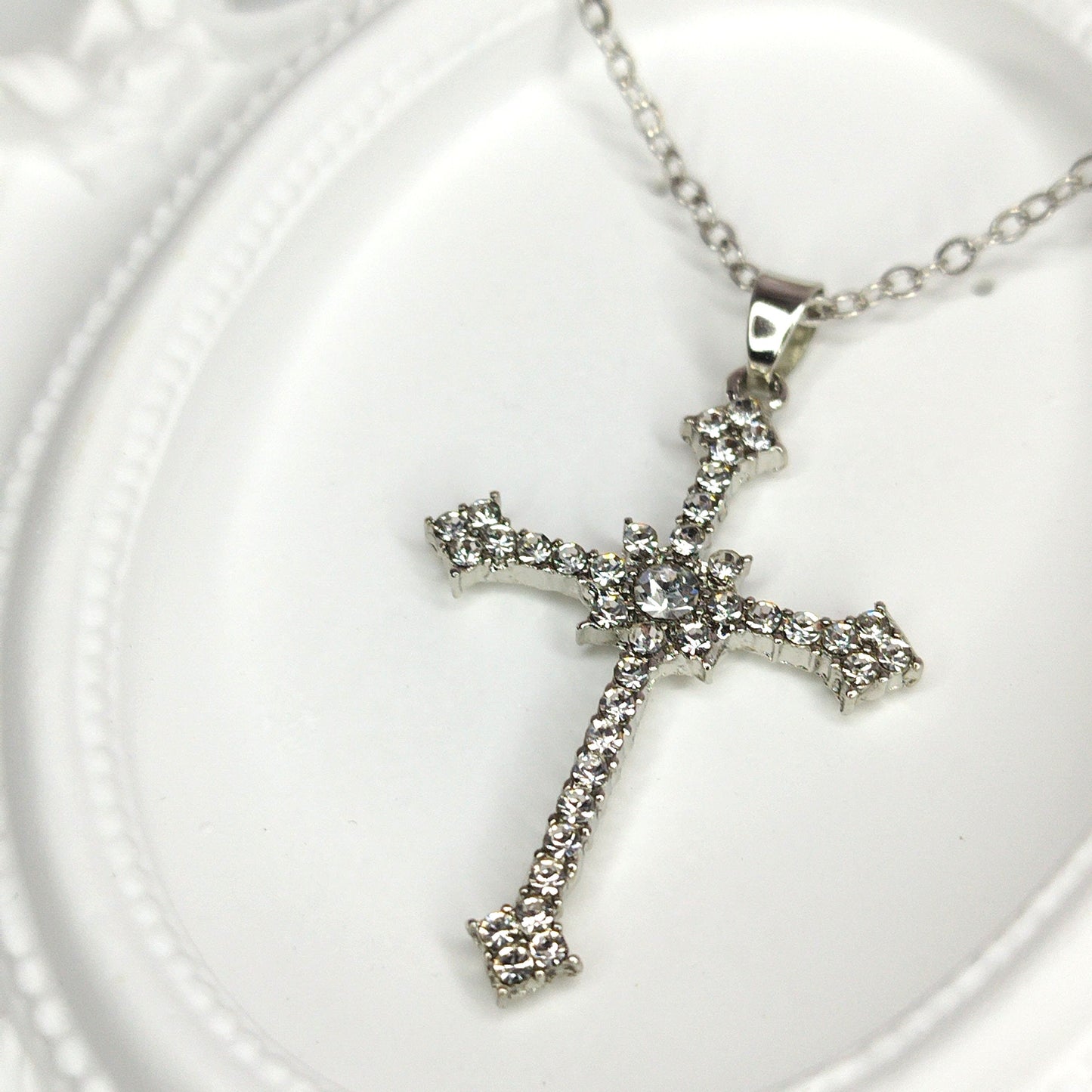 Cross Pendant Necklace * Cubic zirconia * Sterling silver * Vintage faith cross necklace